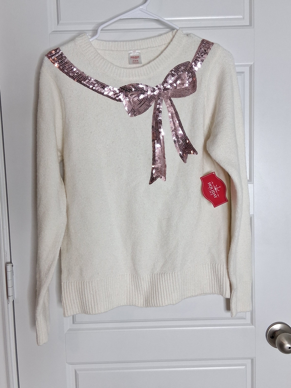 Holiday Time Sequin Bow Sweater in Cream Size Medium NWT